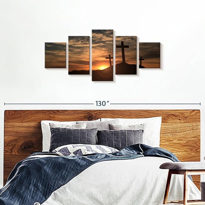 Elephant Stock Cross Silhouettes Wall Art Multi Piece Canvas - 5 Panel Christian Pictures Decor - Digital Design Canvas Print - Christian Wall Decor - 74" X 34"