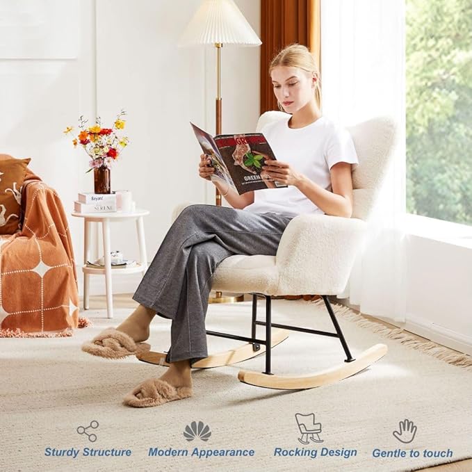 Nursery Rocking Chair, Boho Accent Ottoman, Teddy Upholstered Glider Rocker Accent Chair with High Backrest for Living Room, Small Spaces, Bedroom, Beige