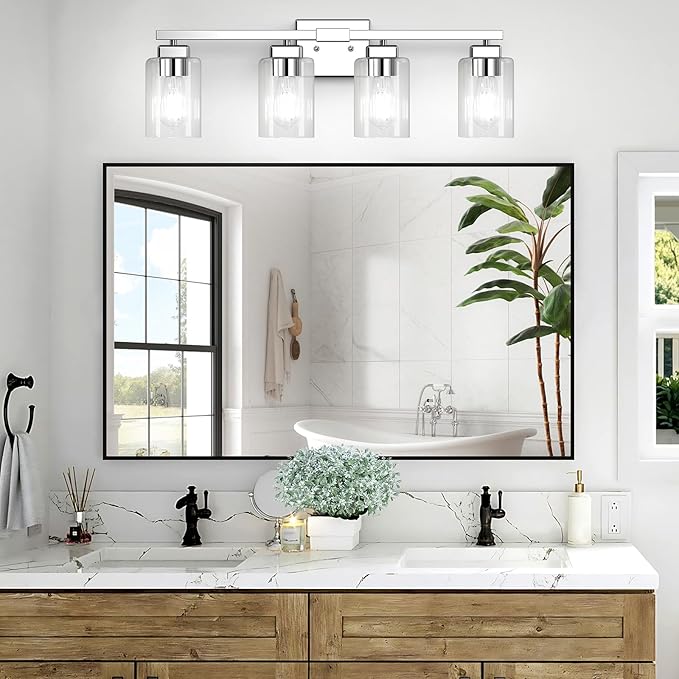 BesLowe 4-Light Bathroom Light Fixtures, Modern Chrome Bathroom Vanity Light, Bathroom Lighting Fixtures Over Mirror, Matte Chrome Bathrom Wall Lamp, Wall Lights for Living Room Bedroom Hallway