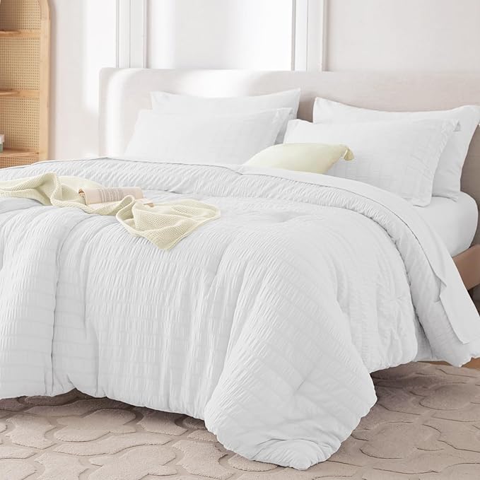 MUXHOMO 5 Pieces Twin XL Comforter Set, Seersucker Bed in a Bag Twin XL Size, All Season Luxury Bedding Set with Comforter, Flat Sheet, Fitted Sheet, Pillowcase & Sham, White