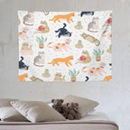 VUMIVI Cute Cat Tapestry Kids Hand-Painted Doodles Colorful Illustrations Potted Plants Paw Prints Tapestry Wall Hanging for Living Room Bedroom Dorm Classroom Aesthetic Decor W40xL30in