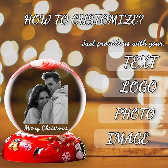 Personalized Christmas Crystal Ball with Light Customized Photo Snow Globe with Engraving Text Custom Ornaments Gifts for Family Couples Friends (Christmas Base)