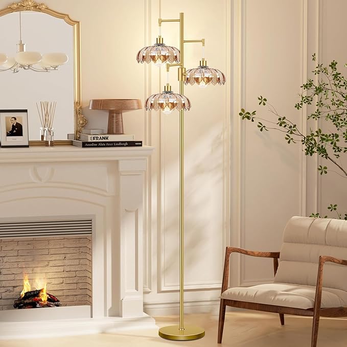 Dimmable Floor Lamp for Living Room Bedroom-3 Light Gold Floor Lamp with Glass Lampshape, Flower Tall Lamp Mid Century Modern Standing Lamp Glass Tree Floor Lamps for Living Room Bedroom,Corner