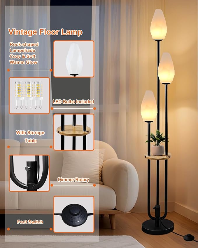 Lightdot Black Dimmable Floor Lamp with Table, 63IN Mid-Century Oval Floor Lamps with Bulbs Included, 3-Lights Candle Holder Style Modern Tall Standing Lamp for Living Room/Sofa Beside/Corner Decor