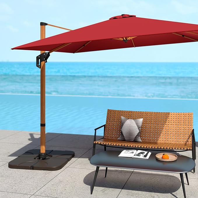 Tangkula Umbrella Base Set of 4, Cantilever Offset Umbrella Stand with HDPE Frame, Water & Sand Filled Refillable Base, Easy-Fill Spouts for Patio, Poolside (Brown)