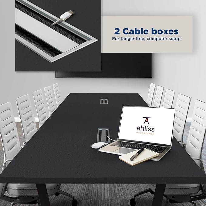 Sturdy Conference Table with Cable Management Grommets Modern Rectangle Office Meeting Table with Wood Tabletop and Metal Frame & Legs- Easy Assembly Boardroom Table (Black, 10 Foot)