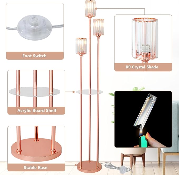 HMVPL Pink Floor Lamp for Living Room, Crystal Floor Lamp with Shelves, Girls Standing Lamp with Table, Modern Corner Lamp with On/Off Switch, Unique Tall Lamp for Bedroom Nursery Office