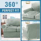 H.VERSAILTEX Sofa Cover 3 Piece T Cushion Loveseat Slipcovers Thick Velvet Couch Cover Stretch T Cushion Sofa Covers for 2 Cushion Couch with 2 Individual T Cushion Covers Washable, Sea Grass