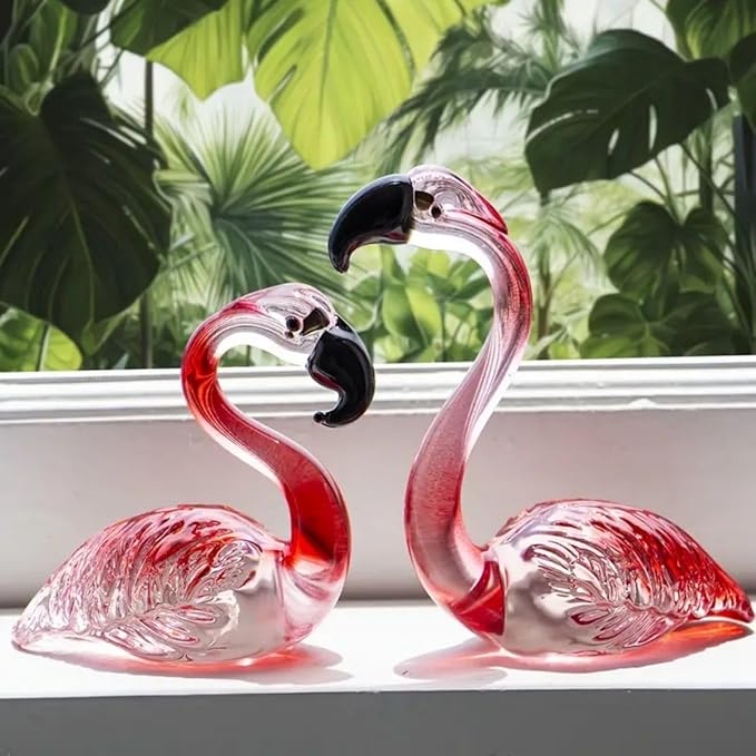 Hand Blown Glass Couple Flamingo Figurine Love Statue Pink Flamingo Decoration Ornament Handcraft Animal Collectible Home Decor Valentine's Day Gift for Her