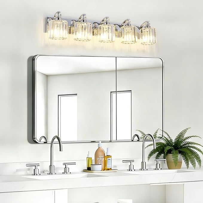 5-Light Modern Bathroom Light Fixture Chrome Vanity Lights Over Mirror Wall Sconce Lighting with K9 Crystal Shades Bathroom Wall Lamp E26 Base for Bedroom, Living Room, Hallway