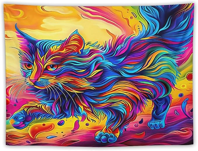 VUMIVI Colorful Cat Tapestry Pet Oil Painting Print Rainbow Colorful Abstract Art Pattern Tapestry Wall Hanging for Living Room Bedroom Dorm Classroom Aesthetic Decor W40xL30in