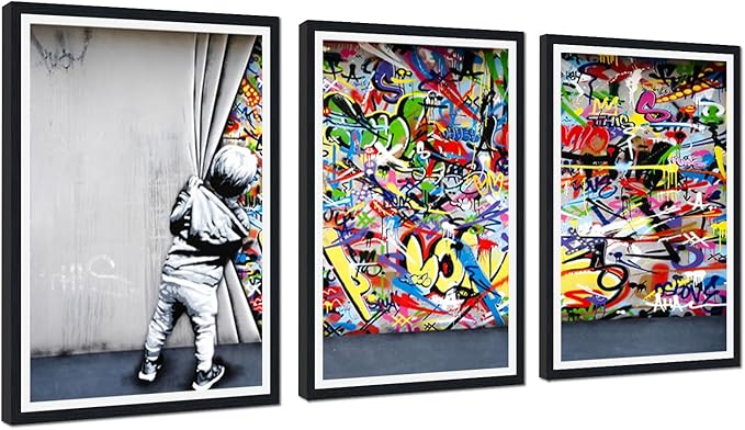 Novatique Graffiti Canvas Wall Art Pop Art Wall Decor Behind the Curtain With Framed Graffiti Poster Artwork for Living Room Office,24" x 36" x 3pcs