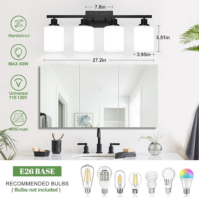 4-Light Bathroom Light Fixtures, Vanity Light with Milky White Shades, Matte Black Bathroom Light Fixtures Over Mirror, Modern Bathroom Wall Lamp for Mirror Living Room Cabinet Bedroom