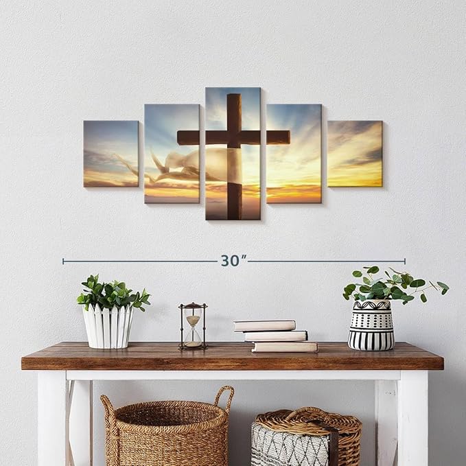 Elephant Stock Holy Cross Wall Art Multi Piece Canvas - 5 Panel Christian Pictures Decor - Digital Design Canvas Print - Christian Wall Decor - 29" X 12"