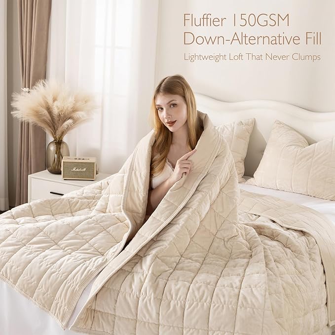 KASENTEX Greek Velvet Twin Quilt Set, 3× Softer Luxe Sheen, 100% Cotton Backing, 150GSM Down-Alternative Fill, Expanded 68×90" Coverage for Fuller Side Drape (1 Quilt + 1 Pillow Shams), Sandshell