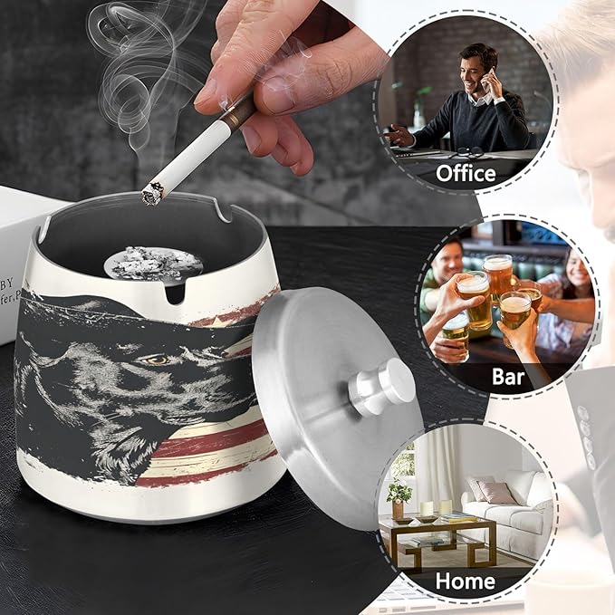 Cowboy Dog Vintage American Flag Ashtray with Lid, Outdoor Ashtrays for Patio, Stainless Steel Ashtray Odorless Smokeless for Home Office Balcony