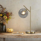 Mid Century Desk Lamp, Glass Globe Table Lamp with Gray Glass lampshade, Gold Modern Bedside Lamps for Bedroom Living Room Study Room