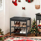 HOOBRO Small Shoe Bench, 3-Tier Shoe Rack, Shoe Storage Bench with PU Seat Cushion, Entryway Shoe Rack Bench with Metal Mesh Shelves, Freestanding Shoe Organizer for Hallway, Black BB33HX01