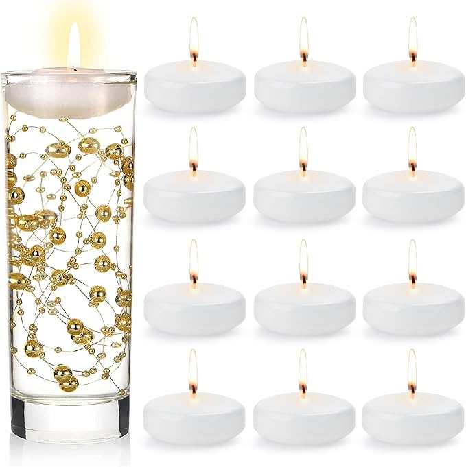 Floating Candles 3 Inch Unscented Dripless Wax 13-15Hours Burning, 12 Pack Wedding Party Candles,for Centerpieces Suitable for Cylindrical Vases,Swimming Pool,Restaurant Decoration(White)
