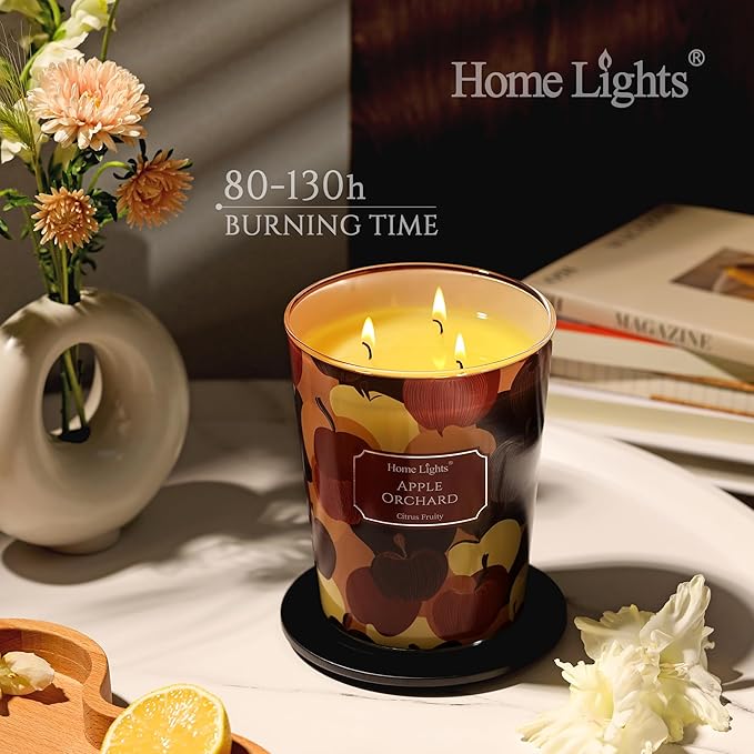HomeLights Scented Candles | Large Jar 34 Oz Natural Soy Candle | 130 hrs Long-Lasting with 3 Wicks | Eclectic Mixed Styles Home Decor | Gifts for Mom & Women, Apple Orchard