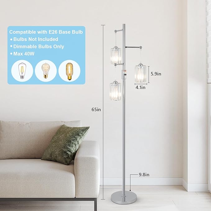 Modern Crystal Floor Lamp for Living Room, 3 Lights Dimmable Standing Lamp, Industrial Silver Tree Lamp with Crystal Shade, Dimmer Switch, 65" Tall Corner Lamp for Bedroom Reading, Chrome