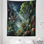 Ambesonne Aesthetic Tapestry Twin Size, Exotic Forest of Twilight with Trees Bushes and Flowers Falling Stars, Wall Hanging Bedspread Bed Cover Wall Decor, 68" X 88", Green Dark Night Blue