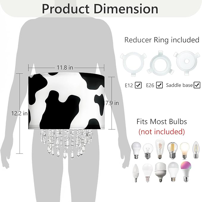 Black White Cow Print Lamp Shade with Acrylic Bead Droplets, Animal Drum Fabric Light Shade for Pendant Table & Floor Lamp, Cute Party Room Decor for Grandchild Kids Teens, 11.8in