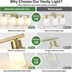 4-Light Bathroom Light Fixtures, Aged Brass Vanity Light with Milky White Shades, Bathroom Lighting Fixtures Over Mirror, Modern Bathroom Wall Lamp for Mirror Living Room Cabinet Bedroom
