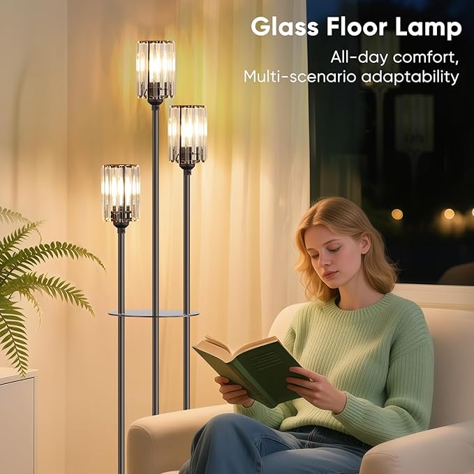 Crystal Floor Lamps for Living Room, Glass Modern Floor Lamp with Shelves, Mid Century Standing Lamps with Table, Brass Tall Lamp with Crystal Shade Vintage Retro Corner Floor Lamp (Black)