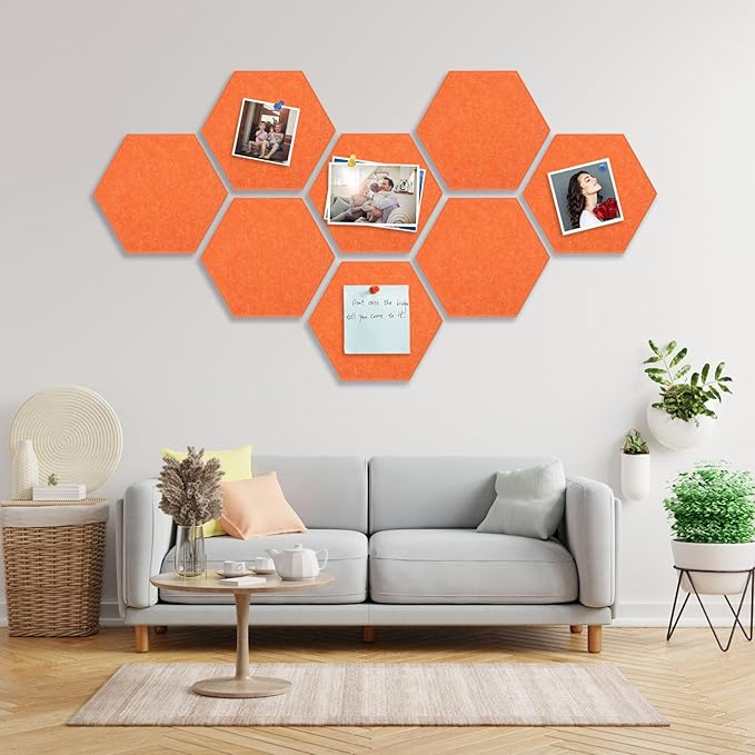 8 Packs Hexagon Felt Pin Board, 12" Bulletin Board with 30 Push Pins, Felt Board for Home Kitchen Office Decor, Self-Adhesive Corkboard Tiles for Walls School Message Photos Memos-Orange