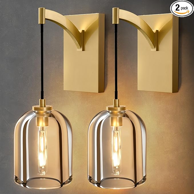 Crystal Brass Hemisphere Wall Sconce - Set of 2 Gold Brushed Dimmable Sconces with Bulbs - Luxury Indoor Lighting Fixture - Modern Hanging Light Decor for Bedroom Living Room Bathroom Vanity Hallway