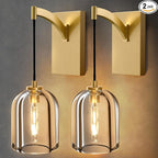 Crystal Brass Hemisphere Wall Sconce - Set of 2 Gold Brushed Dimmable Sconces with Bulbs - Luxury Indoor Lighting Fixture - Modern Hanging Light Decor for Bedroom Living Room Bathroom Vanity Hallway