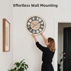 Maxstar 16'' Wall Clock for Living Room Decor, Ultra-Silent Rustic Wooden Farmhouse Wall Clock with Metal & Real Wood Frame, Battery Operated, for Kitchen Bedroom Office, Roman Numerals
