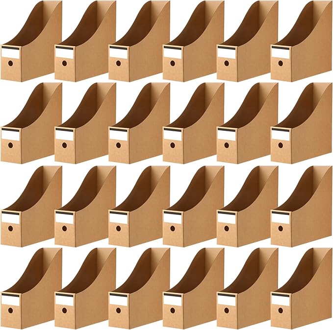 Thenshop 24 Pcs Cardboard Magazine File Holders Magazine Book Bin Box with Label Sticker Paper Organizer Storage Folder for Desk Shelves School Classroom Office Supplies(Classic,Brown)