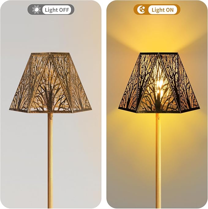 Etched Metal Lampshade, Hexagonal Lamp Shade with Antique Bronze Exterior&Gold-plated Interior, 7" Top x 13.8" Bottom x 9.5" Height, Spider Fitter
