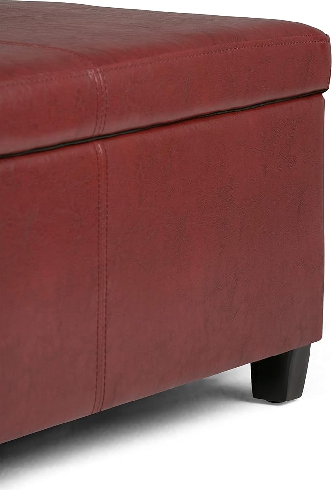 SIMPLIHOME Avalon Storage Ottoman Bench - 48 inch Wide Upholstered Vegan Leather Rectangular Lift-Top Ottoman in Red, Contemporary Storage Bench for Living Room with High-Density Foam