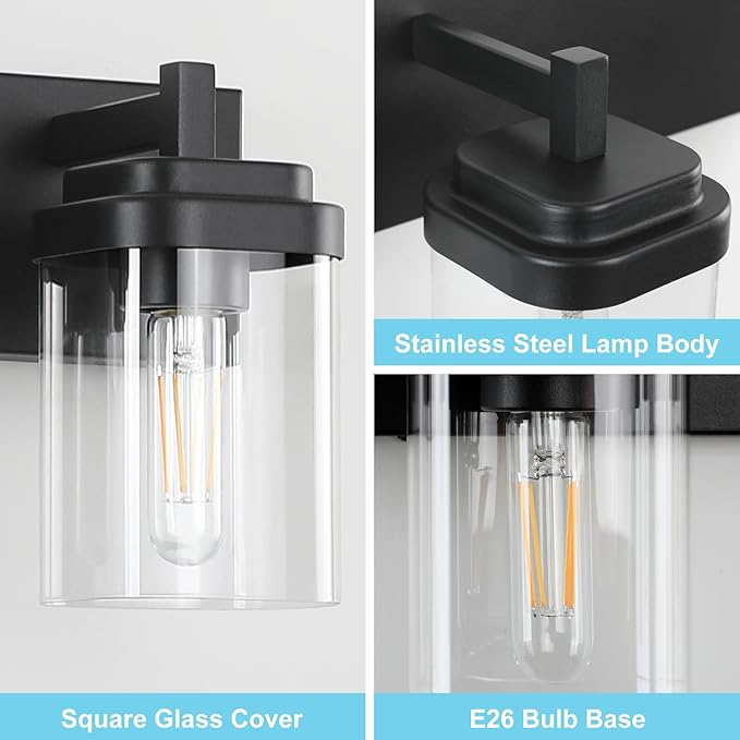 Vanity Light Fixture,3-Light Vanity Light for Bathroom,Matte Black Bathroom Vanity Lighting Over Mirror with Square Clear Glass Shade for Restroom