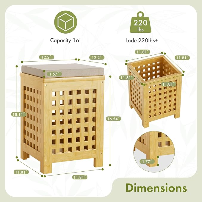 Bamboo End Table with Removable Cushion and Hidden Storage, 2-in-1 Ottoman Side Table with Breathable Grid Design for Small Space, Living Room, Bedroom, Balcony, Entryway