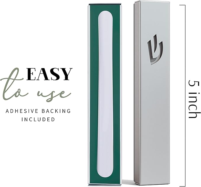 SURI Mezuzah on Door – 5 Inch Silver Aluminum Mezuzah Case with Printed Scroll, Open-Back Design for Indoor Use, Self-Stick Adhesive, Fits a 4 Inch Scroll, Gift Box Included