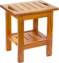Utoplike Teak Shower Stool, Compact Shower Bench with Shelf & Handle, Foot Rest for Shaving Legs, 2-Tier Small Wooden Bath Seat with Non-Slip Feet for Bathroom, Bathtub, or Outdoor Use