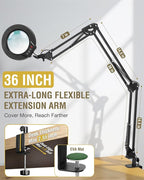 10X Magnifying Glass with Light and Clamp, Ultra Long 3 Section Swing Arm LED Desk Lamp, Real Glass Lens, 5 Color Modes Dimmable, Hands Free Lighted Magnifier with Stand for Repair Craft Close Work