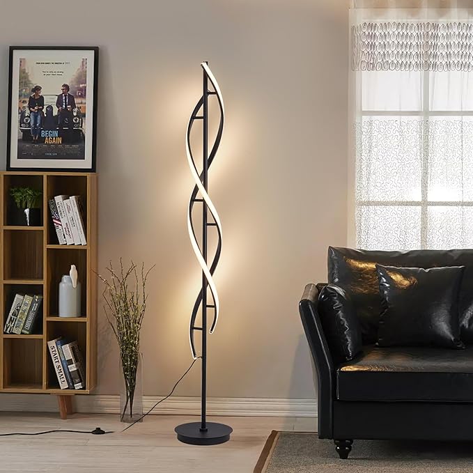 Modern Floor Lamp, 40W 3 Colors Stepless Dimmable and Color-Changing Bright Floor Standing Tall Lamp for Living Room,60" Unique Spiral Floor Lamp for Bedroom Office with Remote Black