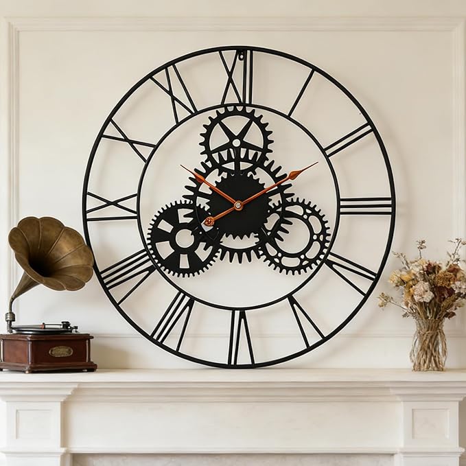 Steampunk Wall Clock 24 Inch, Industrial Metal Gears with Roman Numerals, Retro Distressed Finish Mechanical Art for Bar, Living Room, Cafe Decor