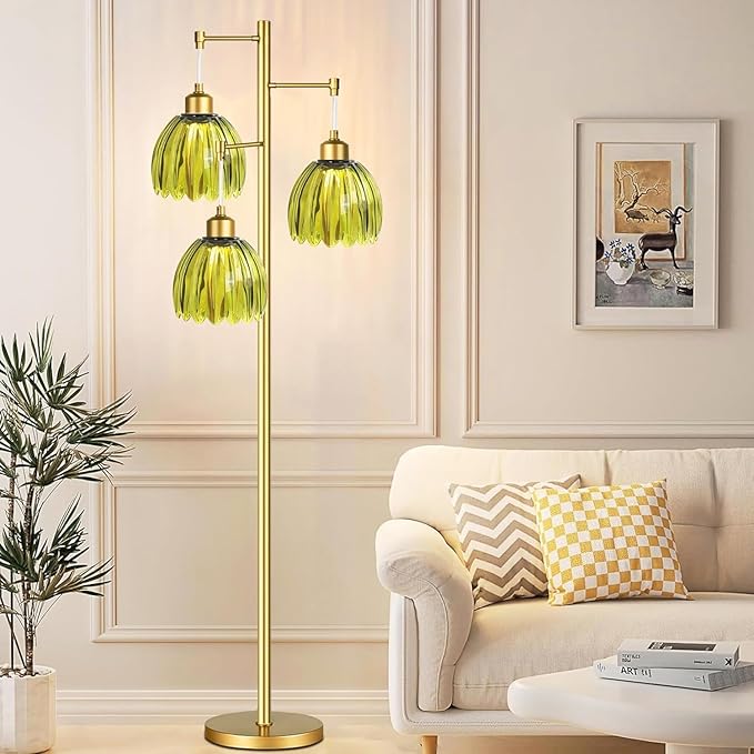 Vintage Floor Lamps for Living Room-3 Light Gold Floor Lamp with Three Bulbs & Glass Lampshape,Glass Mid Century Modern Standing Lamp Tree Tall Flower Floor Lamp for Bedroom Living Room,Corner