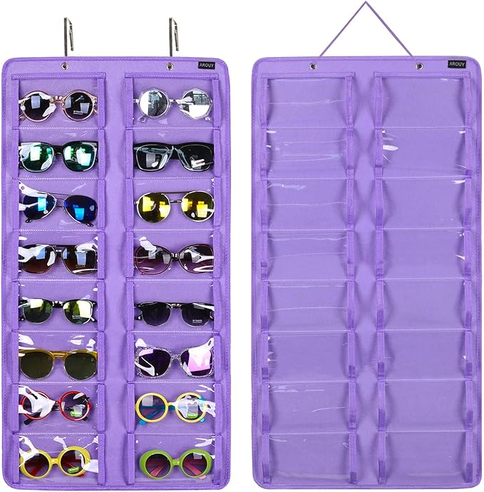 AROUY Sunglasses Organizer Storage, Hanging Dust Proof Wall Pocket Glasses Organizer - 16 Felt Slots Sunglass Organizer Holder with Metal Hook and Sturdy Rope (Dust Proof, Purple)