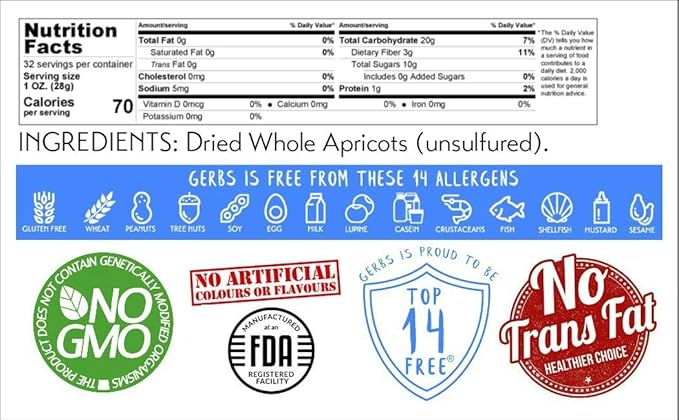 Gerbs Dried Apricots 2 lbs. | Unsulfured, No Artificial Additives, Resealable Bag | Naturally Sweet & Chewy | Top 14 Allergen-Free