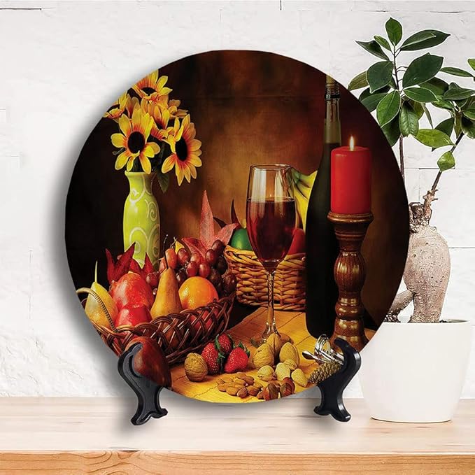 Decorative Plates, Winery Print Ornament, Still Life Fruits Flowers, 6 Inch, 1 Plate with 1 Display Stand, Multicolor