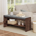 BON AUGURE 40" Storage Bench with Plush Cushion & 2-Tier Organizer, Modern Entryway Ottoman Bench for Hallway, Mudroom, Bedroom (Rustic Oak)