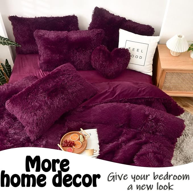 MorroMorn Fluffy Heart Throw Pillows, Shaggy Decorative Pillow for Sofa Couch Bed, Cute Room Decor Decorations for Women Girls Kids (Maroon)