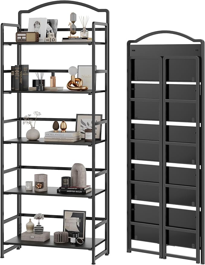 JSB No Assembly Folding Bookshelf, 5 Tier Book Shelf for Storage, Vintage Wood Foldable Bookcase for Living Room, Bedroom, Office Organization Shelves